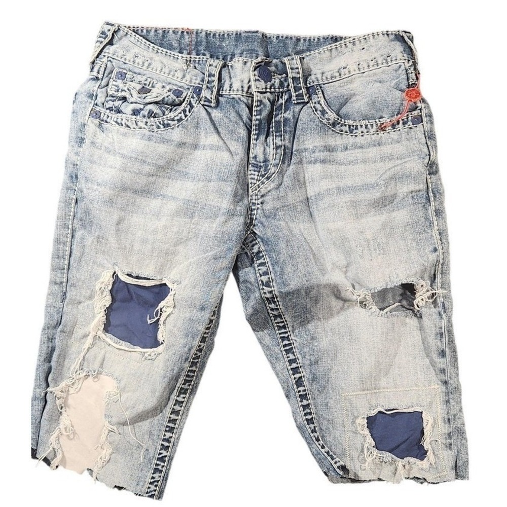 True Religion Shorts Mens 30 Light Wash Distressed Denim Patch Cutoff Raw Hem